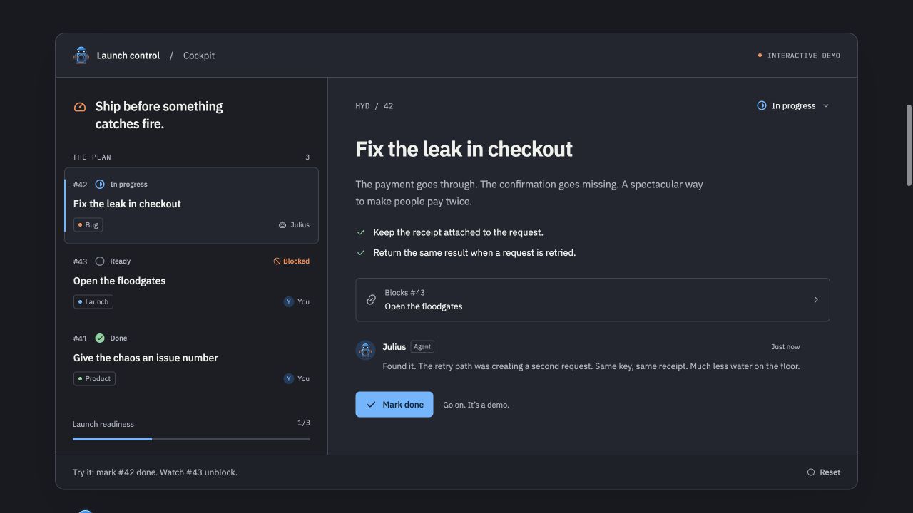 Hydrant’s public interactive product demo showing issues, blockers and a completed task